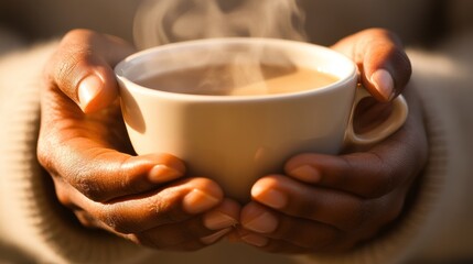 Warm hands holding a steaming mug of coffee
