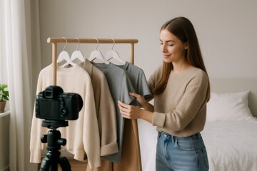 Young fashion influencer recording a try on haul video with new clothes collection using a camera on a tripod