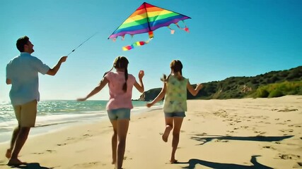 Family flying colorful kite on beach with kids enjoying playful outdoor fun