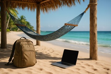 Backpack and laptop resting on the sand under a hammock set up on a beautiful beach with turquoise water