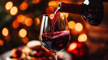 Red Wine Pouring into Glass with Bokeh Lights, Holiday, Celebration