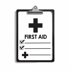 Obraz premium First aid checklist on clipboard. Important first aid instructions and medical symbols. First aid kit preparation guide includes check boxes and plus signs. 