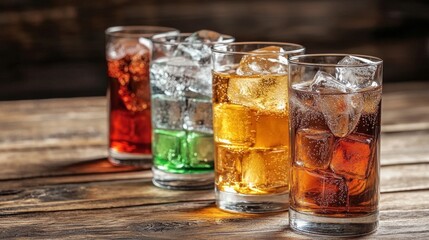 Refreshing Drinks Assorted Beverages with Ice on Rustic Wood Surface, beverages , icedrinks