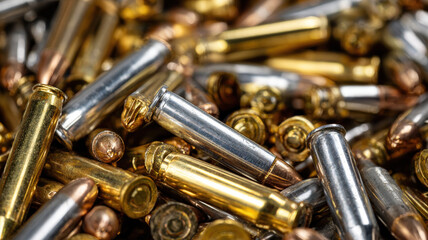 Closeup of Shiny Metallic Bullets and Cartridges in Pile Representing Ammunition, War, and Tactical Combat
