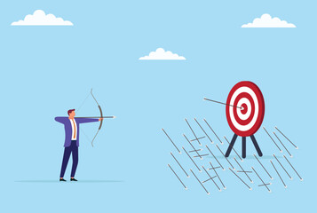 Vector illustration of a businessman shooting multiple arrows at a target, symbolizing persistence, strategic effort, and determination to achieve business goals with focus and accuracy
