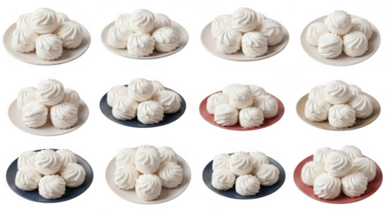 Delightful Fluffy Meringue Cookies Elegantly Arranged on Various Decorative Plates for Sweet Celebrations, isolated on a transparent background
