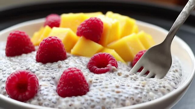 Chia seed pudding with fresh mango and raspberries in a white bowl