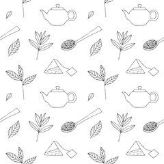 Seamless tea pattern, hand drawn, vector illustration