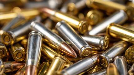 Naklejka premium Closeup of Shiny Metallic Bullets and Cartridges in Pile Representing Ammunition, War, and Tactical Combat