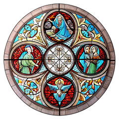 Circular stained glass window religious figures isolated on a white background