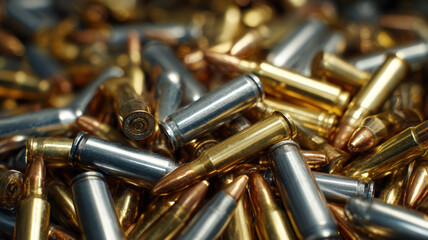Closeup of Shiny Metallic Bullets and Cartridges in Pile Representing Ammunition, War, and Tactical Combat