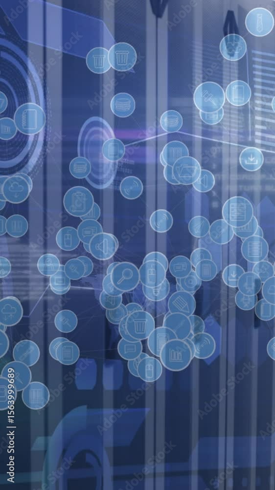Poster animation of digital icons and scopes scanning over computer servers in background