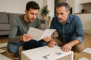 Concentrated father and son reading the instruction manual while assembling furniture together at home, enjoying teamwork and collaboration