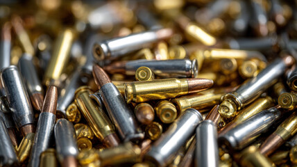 Closeup of Shiny Metallic Bullets and Cartridges in Pile Representing Ammunition, War, and Tactical Combat