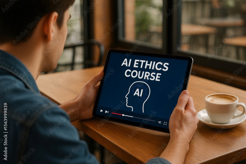 Poster student engaged in an artificial intelligence ethics course, using a tablet while enjoying a coffee 