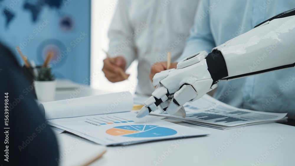 Poster a robotic arm collaborates with humans during a business meeting, analyzing charts and graphs in a m