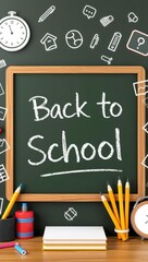 Back to School written on a chalkboard with educational icons and supplies, symbolizing learning and education