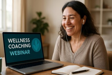 Happy woman engaging in a wellness coaching webinar on her laptop, wearing earphones and enjoying a good laugh during the session