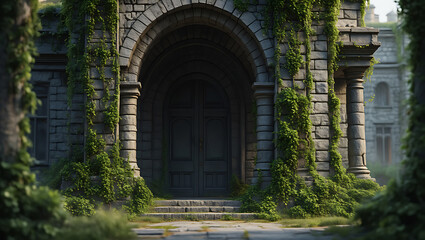 Fototapeta premium Overgrown Stone Archway Entrance to Dark Wooden Double Doors Old