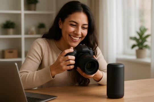 Smiling female photographer taking photos of wireless speaker using professional camera, working on product photography project at home office
