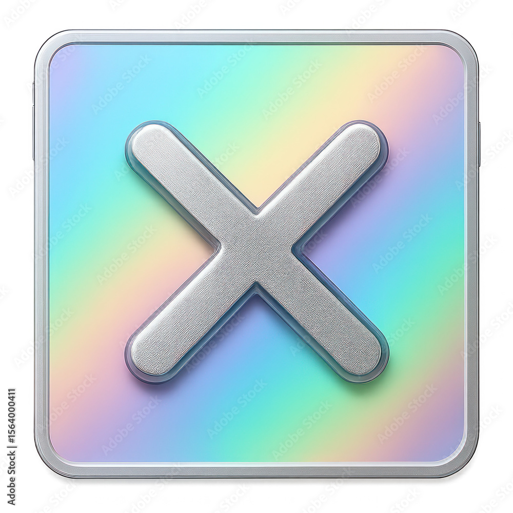 Poster close window button metallic cross icon on colorful background with glossy finish png die-cut for ad