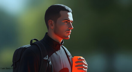 Cinematic profile portrait of a young man hiker with backpack and strong glowing backlight.