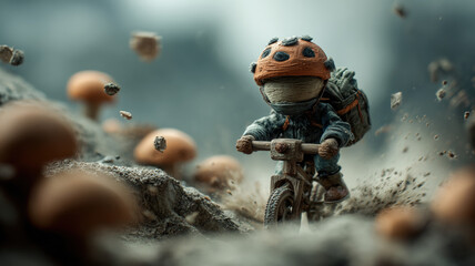 Miniature Adventurer on Dirt Bike Racing Through Forest Mushrooms in Action Scene with Flying Debris