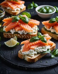 Fresh salmon nigiri and maki sushi with various ingredients served on black stone plates.