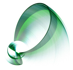 A green abstract striped propeller with closed arc-shaped and straight blades rotates on a white background. Icon, logo, symbol, sign. 3D rendering. 3D illustration.