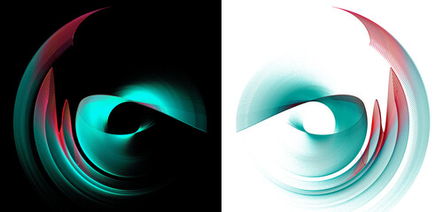 Abstract wavy and curved turquoise blades, with red accents, spin on white and black backgrounds. Icon, logo, symbol, sign. Set. Icon, logo, symbol, sign. 3D rendering. 3D illustration.