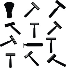 Classic Shaving Razors and Brush Silhouettes Vector Set, Men's Grooming Tools Collection, Traditional Personal Care Essentials for Barber Shop Concepts.