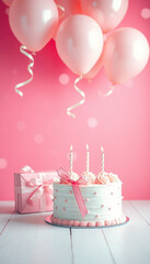 A birthday cake with candles, a gift, and pink balloons against a pink background.