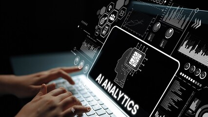 Detailed Exploration of AI Analytics on Laptop Screen with Data Visualizations and Graphics in Dark...