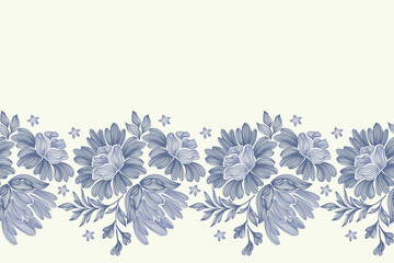 Vintage floral ethnic tapestry modern embroidery texture boho design vector illustration hand drawn silhouette indigo blue flower motif branches leaves wallpaper seamless background border.