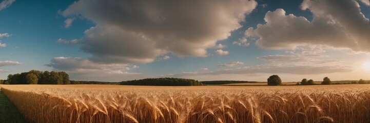 Scenic view of a golden wheat field at sunset, creating a peaceful and idyllic summertime day