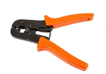 Crimping tool with orange handles for electrical wire terminals
