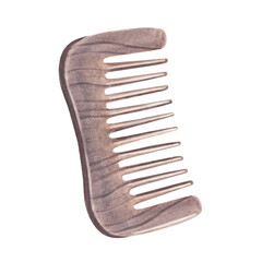 Wooden beard and mustache comb. Hand-painted watercolor illustration of barbershop tool isolated on white background. Perfect for haircut, grooming, hairdresser, haircare branding, printing and design