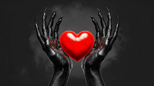 Dark Hands Holding Red Heart - A pair of clawed, black hands gently cradle a vibrant red heart against a dark, smoky background. The video creates a dramatic contrast between darkness and passion.