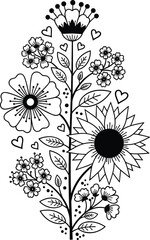 Hand-drawn floral line art, sunflower, heart accents, leafy pattern, elegant black and white design, botanical sketch, decorative illustration artwork