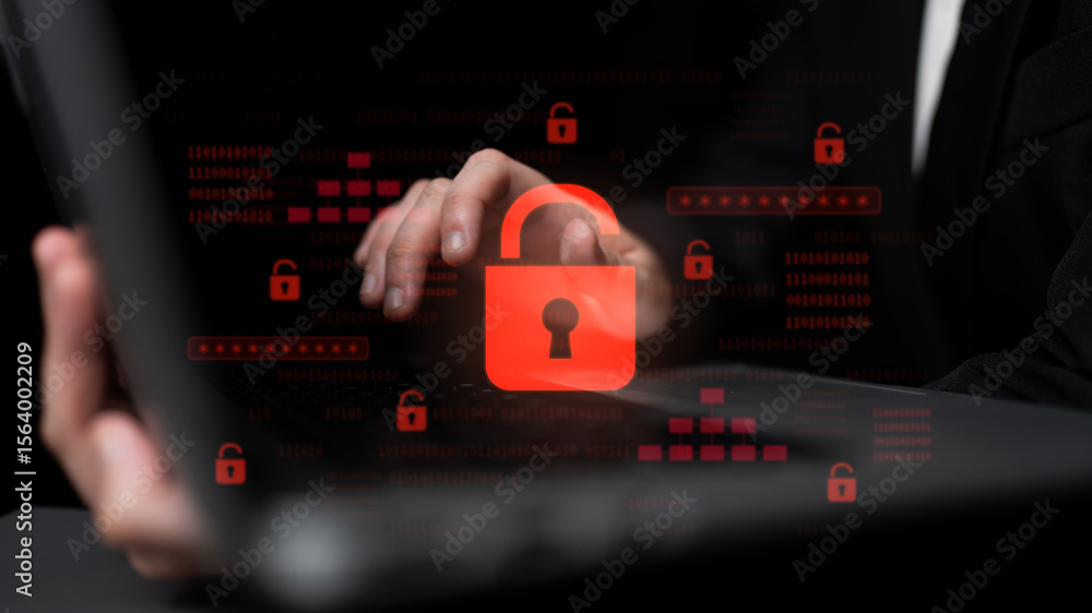 Poster digital security concept illustrating a cybersecurity breach, with a red unlocked padlock indicating