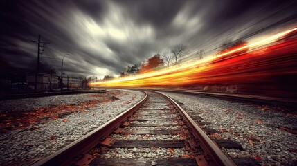 A railway track curves through a landscape under a dramatic, cloudy sky with motion blur and streaks of light in the background
