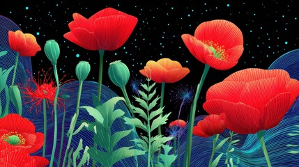 Obraz premium Vibrant Digital Illustration of Red Poppies in a Dreamlike Garden Under a Starry Night Sky