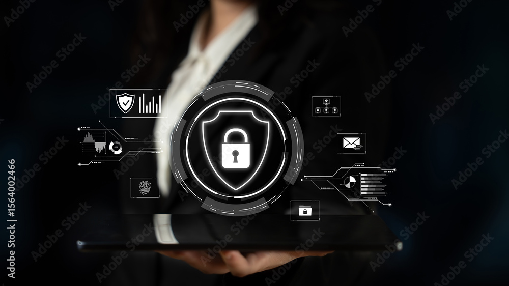Poster cyber security protects against breaches, hacks, and network attacks using strong infrastructure and