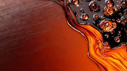 Obraz premium A close-up of liquid on a surface, with orange and black swirls at its bottom