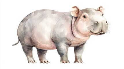 Obraz premium A watercolor depiction of a hippo set against a blank canvas and gazing towards the lens