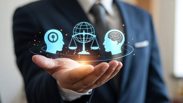 Businessman in Dark Blue Suit Holding Holographic Global Scales