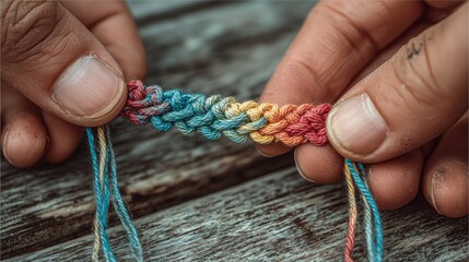 Hands holding a colorful braided friendship bracelet close up