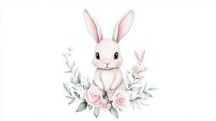 Fototapeta premium Watercolor art of a white bunny amidst pink roses & greenery, featuring a prominent pink rose at center