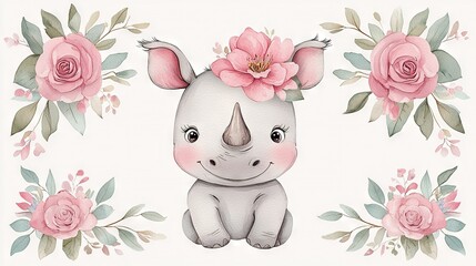   A Rhino with Pink Flowers - White Background