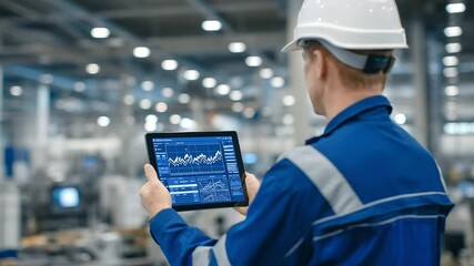 Engineer analyzes real-time system diagnostics via tablet, with digital interface projecting energy consumption trends across industrial networks. - Powered by Adobe